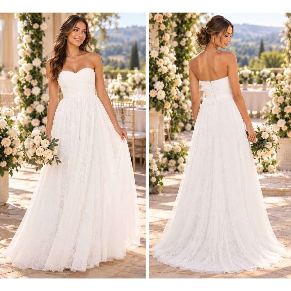 LULUS Blissful Forever Tulle Lace Strapless Pleated Maxi Dress S White NWT B13